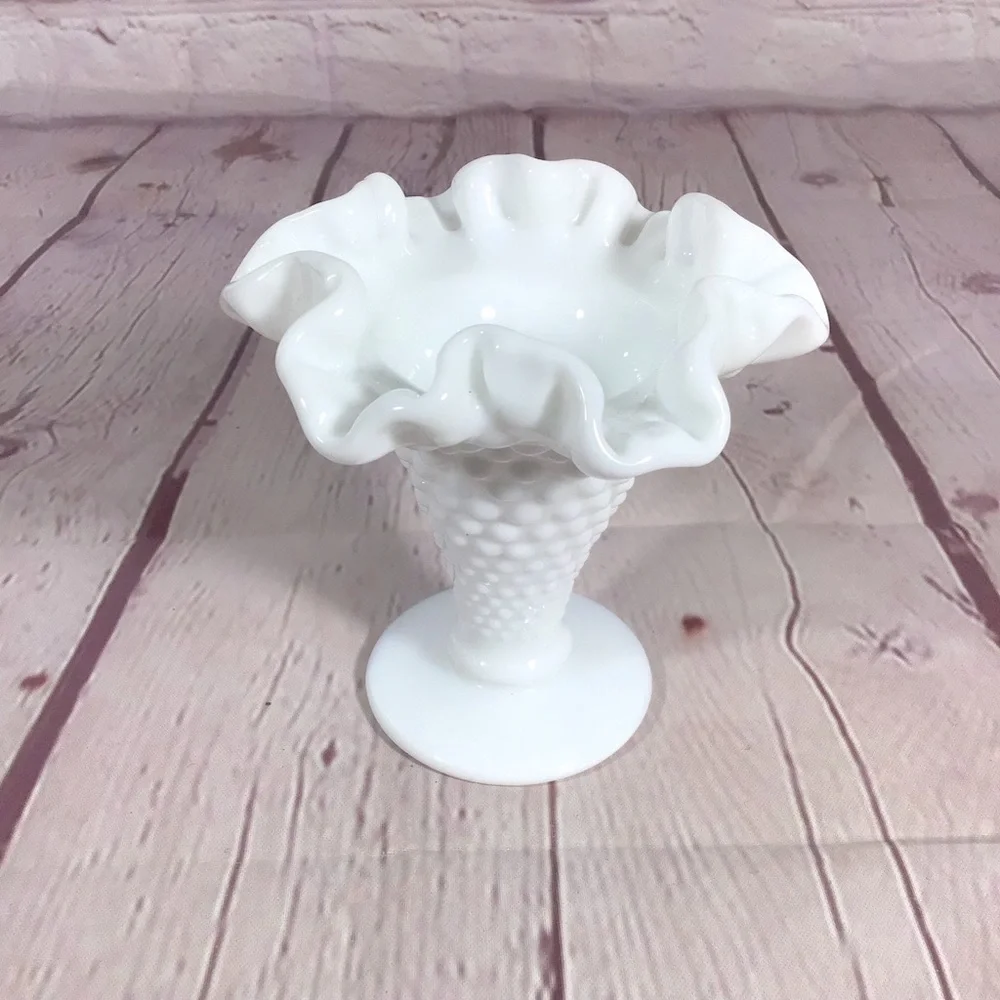 Vintage Fenton Milk Glass Fluted Hobnail Trumpet Vase
